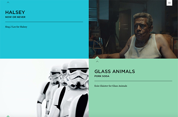 Grid of four panels: teal text, a man in a tank top, stormtroopers, and light green text.