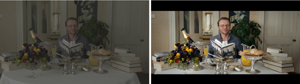 A split view showing the same scene of a man at a table with food and flowers in dim versus bright lighting.