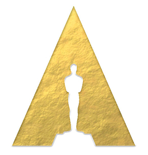 A textured golden triangle containing a white silhouette of a person standing.