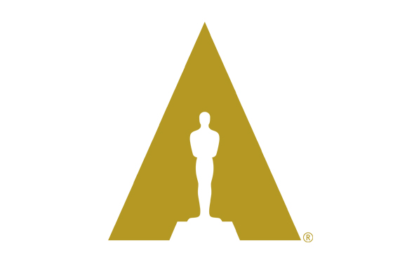 Gold silhouette of an Oscar statuette centered within a large triangle on a white background.