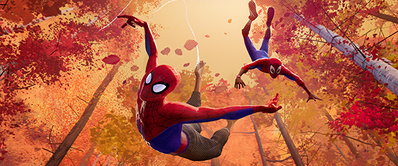 Two Spider-Man characters swinging through a forest of orange and red autumn trees.