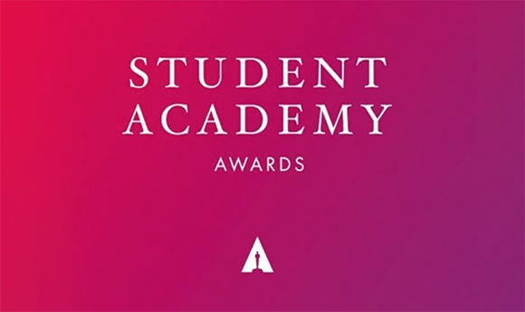 White text reading STUDENT ACADEMY AWARDS on a pink and purple gradient background with a small logo below.