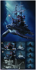 A giant sea turtle swims through dark blue water with a multi-level wooden structure on its shell.
