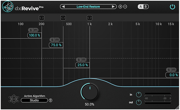 Digital audio interface showing frequency bands and restoration percentage settings on a dark background.
