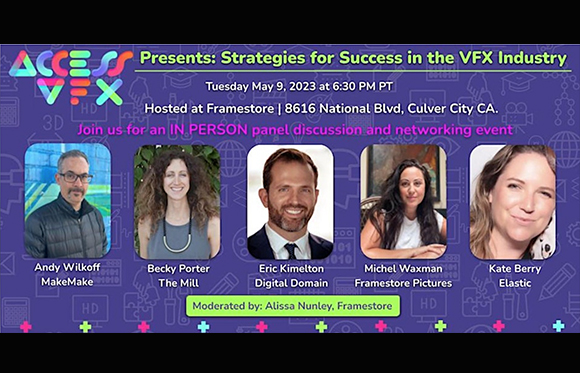 Event flyer for ACCESS VFX featuring five headshots of industry professionals against a purple background.