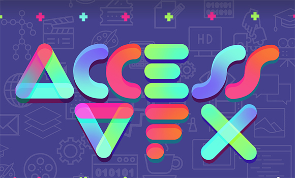 Colorful, translucent bubble-style letters spelling ACCESS VFX on a purple background with faint icons.
