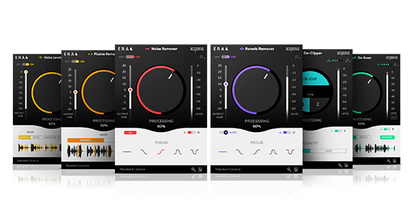 Multiple ERA4 audio plugins including Voice Levels, Massive Remo, Noise Remover, Reverb Remover, De-Clipper, and De-Esser.