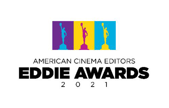 Logo for the 2021 American Cinema Editors Eddie Awards featuring three colorful silhouettes of trophies.