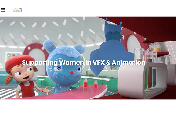 Two blue and red animated characters in a laboratory with test tubes and text reading 'Supporting Women in VFX & Animation'.