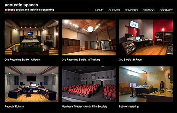 Grid of six photos showing recording studios, a theater, and mastering suites.