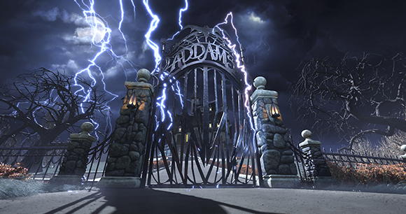 Ornate iron gates stand before a dark estate under a stormy night sky with bright lightning bolts.