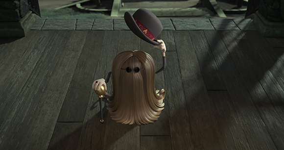A small character with long blonde hair and sunglasses tips a dark top hat on a wooden floor.