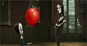 An animated woman in a black dress stands near a young girl holding a large red balloon in a dim room.
