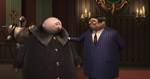 Two animated men, one in a black fur-collared coat and one in a blue pinstripe suit, stand in a dark room.