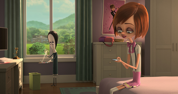 An animated girl sits on a bed looking at a phone while another character stands by a window.