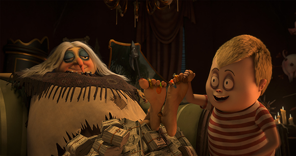 An elderly woman with long grey hair sits next to a young boy in a striped shirt near stacks of money.