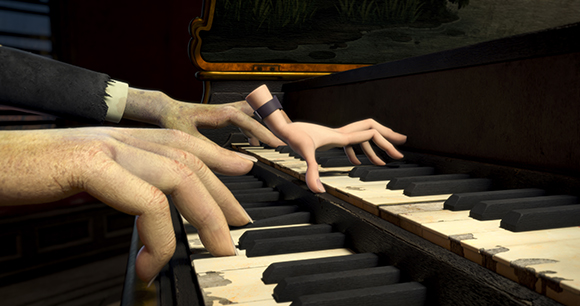 Two pairs of pale, elongated hands playing the keys of an old, worn piano.