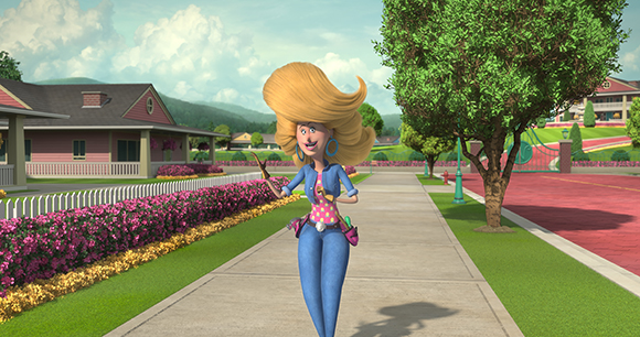 Animated blonde woman in a blue jumpsuit walking along a sidewalk lined with pink flowers.