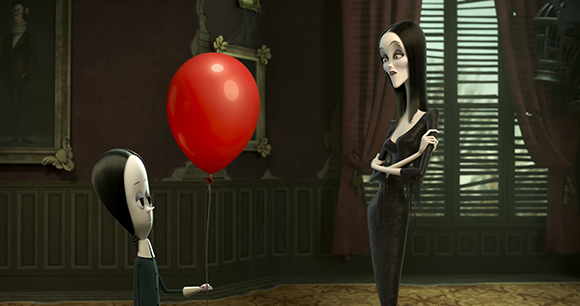 An animated woman in a black dress stands near a small girl holding a large red balloon in a dark room.
