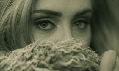Close-up of a person's eyes looking over a thick, wavy knit sweater.