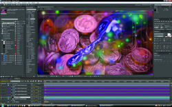 Photo editing software interface displaying a stack of coins overlaid with glowing blue and green light spots.