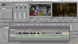 A video editing software interface with multiple video preview windows and a complex timeline with audio tracks.