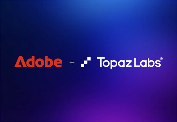 Adobe and Topaz Labs logos side by side on a blue and purple gradient background.