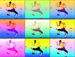 A 3x3 grid of the same image of a person dancing, each frame featuring different psychedelic color filters.