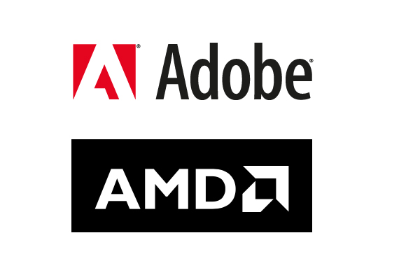 Adobe logo with red icon and black text above the AMD logo in white text on a black rectangle.