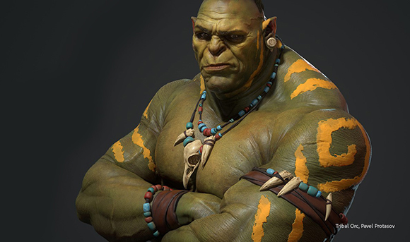 A muscular green orc with orange body markings, wearing bone and bead necklaces with arms crossed.