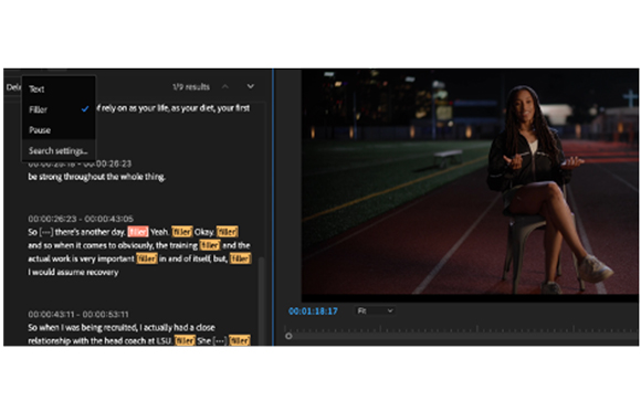 A video editing interface with a text transcription panel on the left and a video preview on the right.