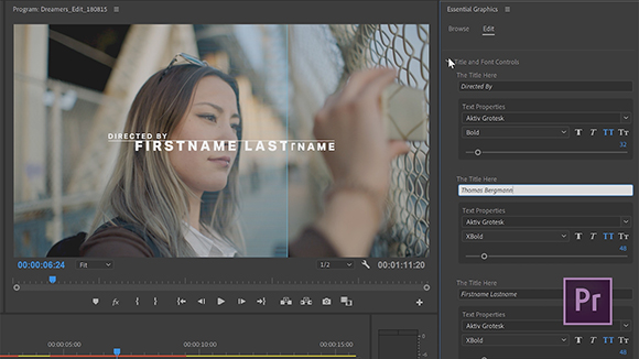 Video editing software interface displaying a woman's portrait and text overlay controls.
