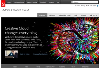 Adobe Creative Cloud homepage featuring a colorful, swirling abstract digital explosion on a black background.