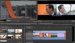 A digital video editing interface with multiple preview windows, timelines, and media clips.