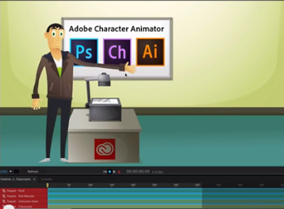 Cartoon man pointing to a whiteboard displaying Adobe Character Animator and software icons.