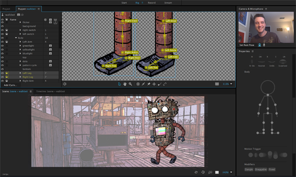 Interface of animation software displaying a character rig, a scene timeline, and a video feed of a person.