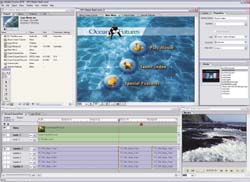 A complex video editing software interface with multiple panels, timelines, and a preview window.