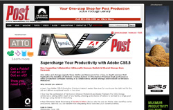 Website homepage for Post Magazine featuring an article titled Supercharge Your Productivity with Adobe CS5.5.