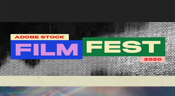 Graphic for Adobe Stock Film Fest 2020 with blue and green text blocks on a textured background.