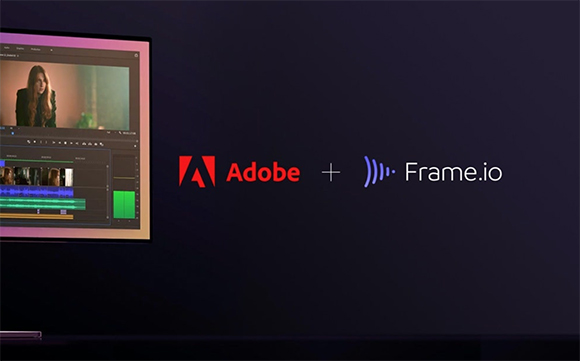 Adobe and Frame.io logos displayed next to a computer monitor showing video editing software.