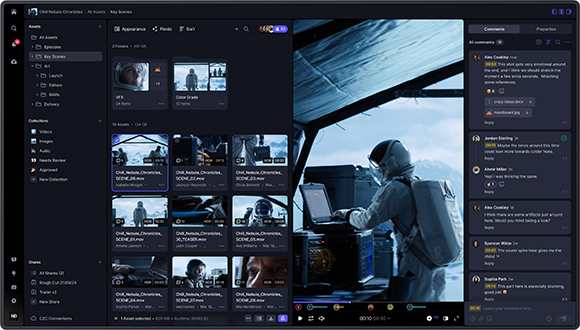 Video editing software interface showing a grid of video clips and a large preview of an astronaut in space.