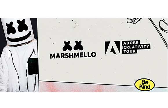 Marshmello wearing a white mask next to the Marshmello and Adobe Creativity Tour logos.