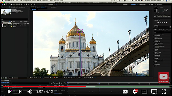 After Effects software interface displaying a video of a golden-domed cathedral and a bridge.