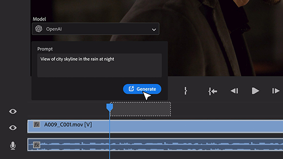 A video editing interface showing an OpenAI prompt box with the text 'View of city skyline in the rain at night'.
