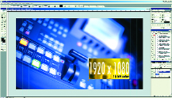 A video editing software interface showing a blue-toned control panel and a 1920 x 1080 resolution overlay.