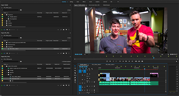 Video editing software interface with a timeline and a preview window showing two people smiling.