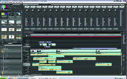 A digital video editing software interface showing a multi-track timeline and audio mixer controls.