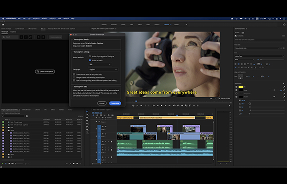 Video editing software interface showing a transcription settings window over a close-up of a person's face.