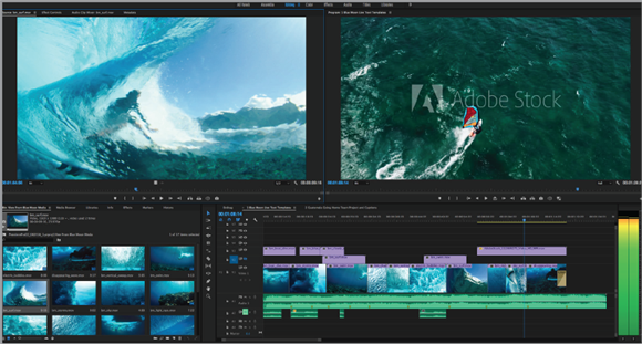 A video editing software interface displaying two large windows of ocean waves and a timeline below.