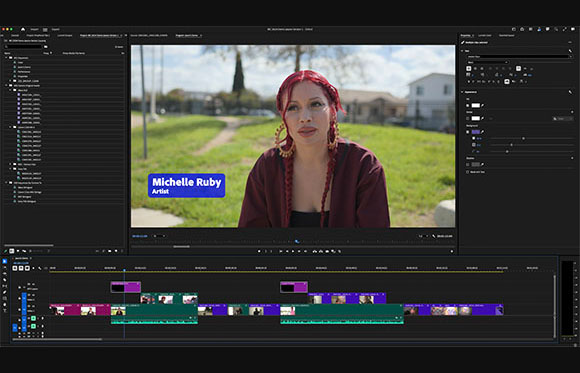 Video editing software interface displaying a woman with red hair in a landscape setting.